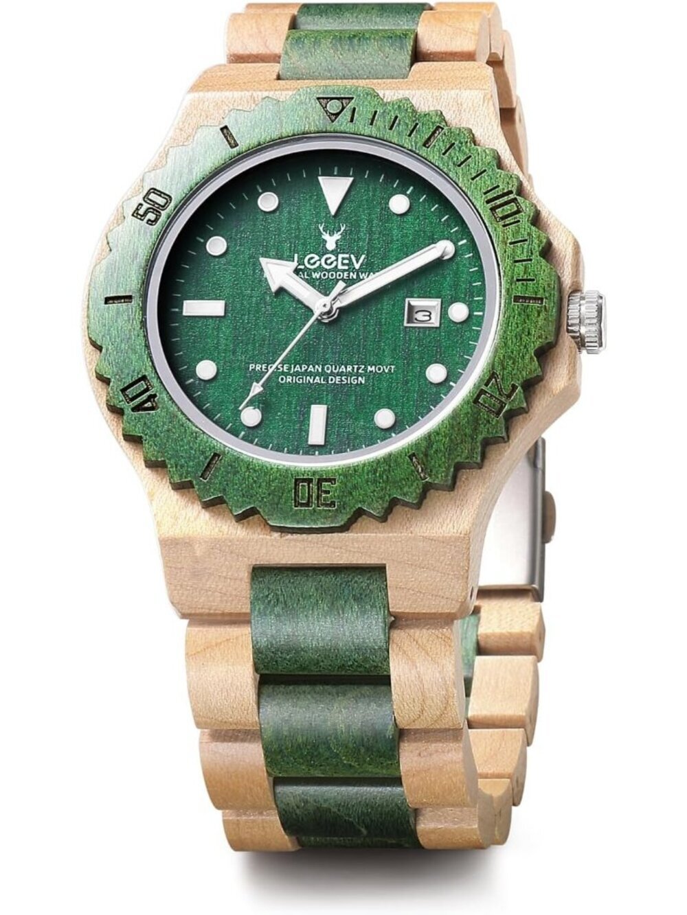 Men's Green Handcrafted Sandalwood Vintage Calendar Analog Wrist Wooden Watch